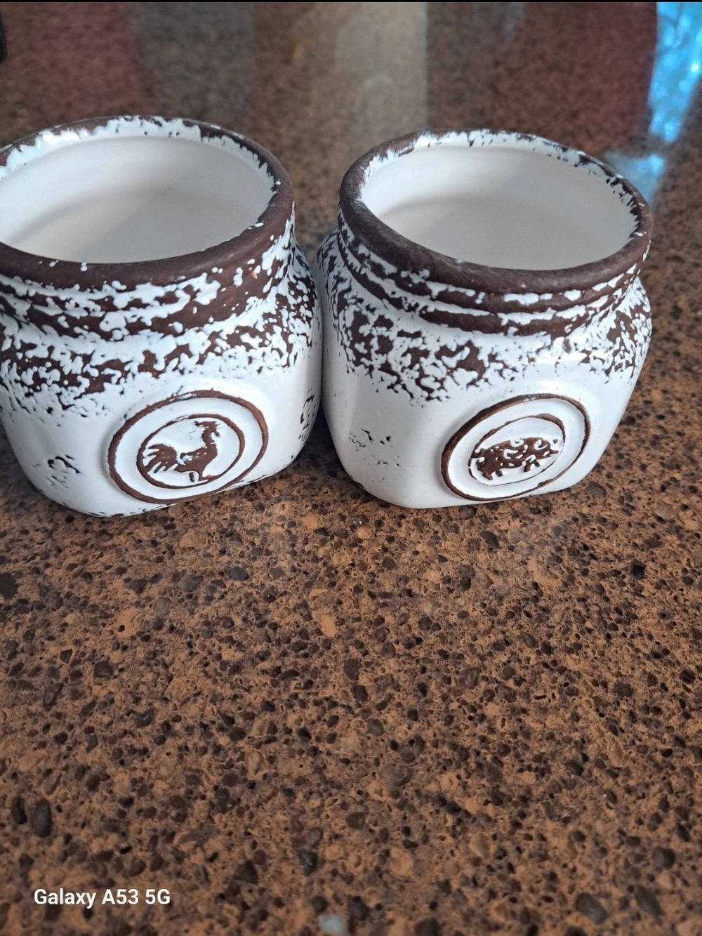 White and Brown Distressed Ceramic Planter Pots, Set of 2